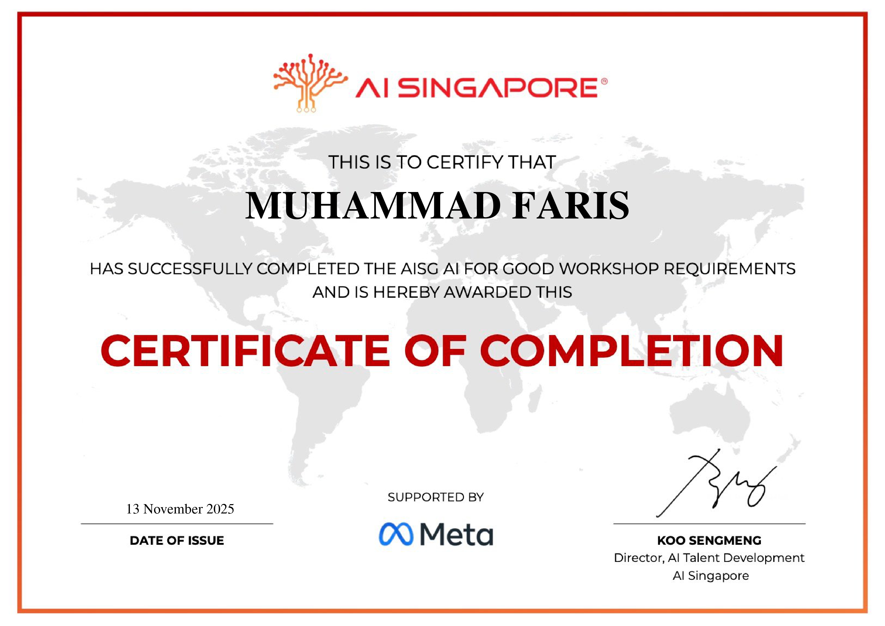 AI Singapore AI for Good workshop certificate