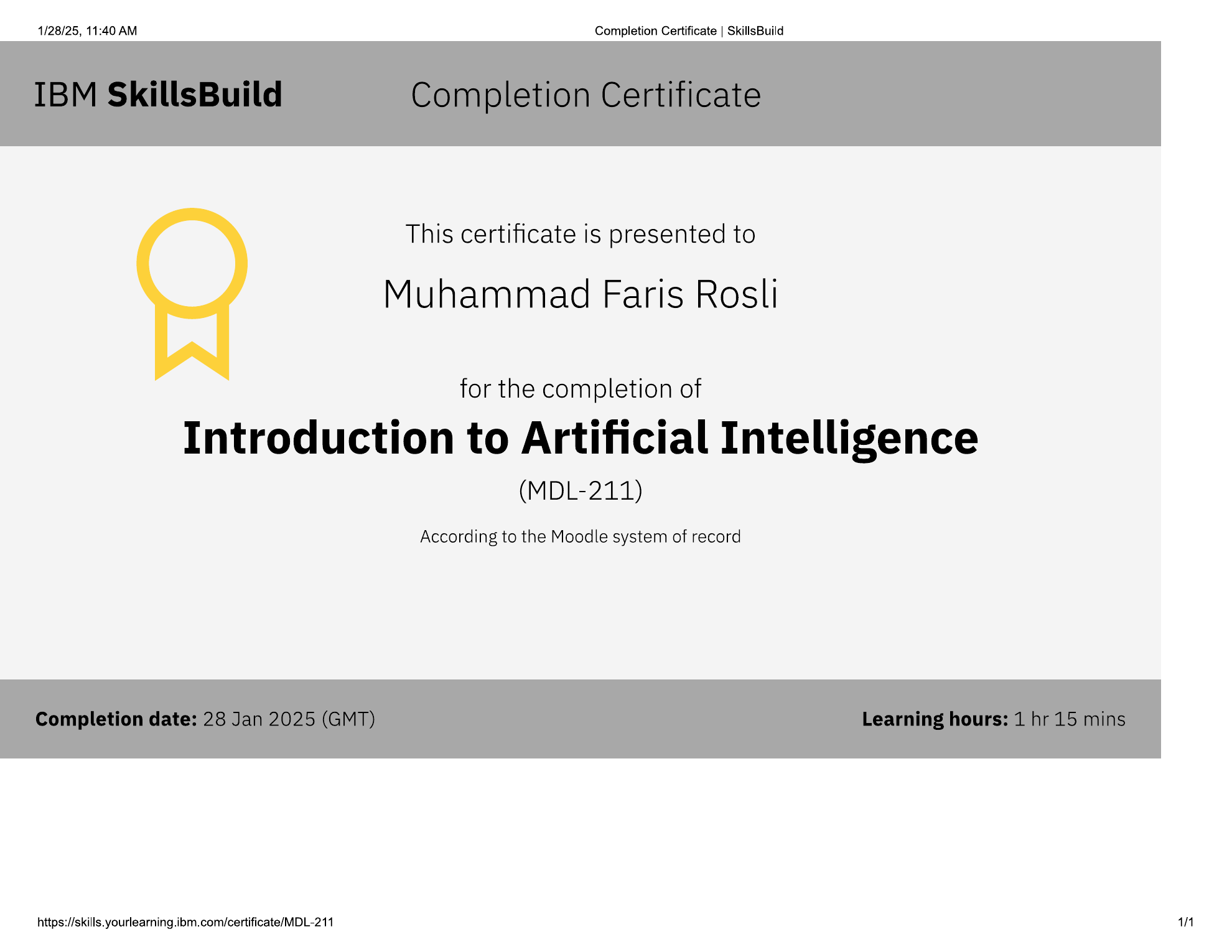 IBM SkillsBuild Introduction to Artificial Intelligence certificate