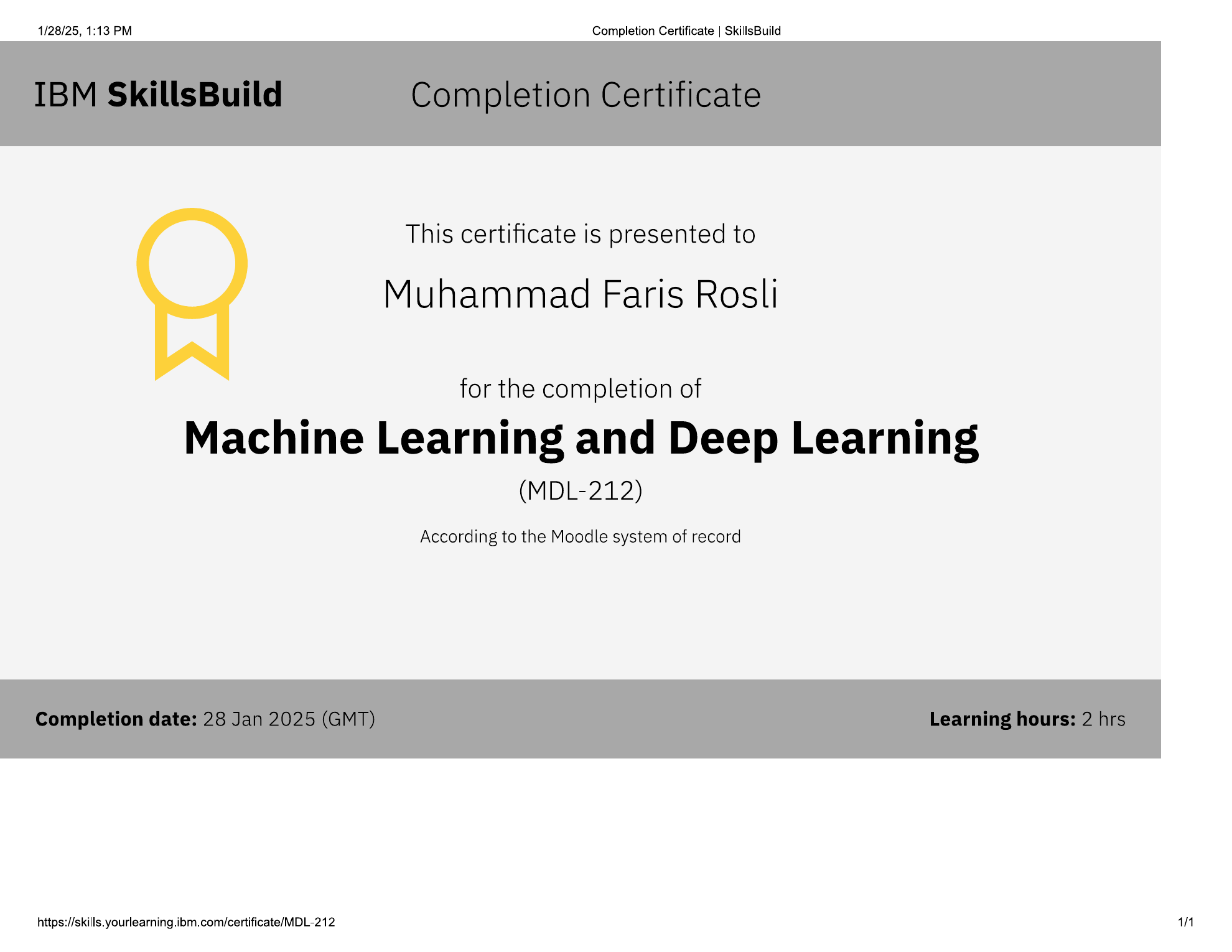 IBM SkillsBuild Machine Learning and Deep Learning certificate