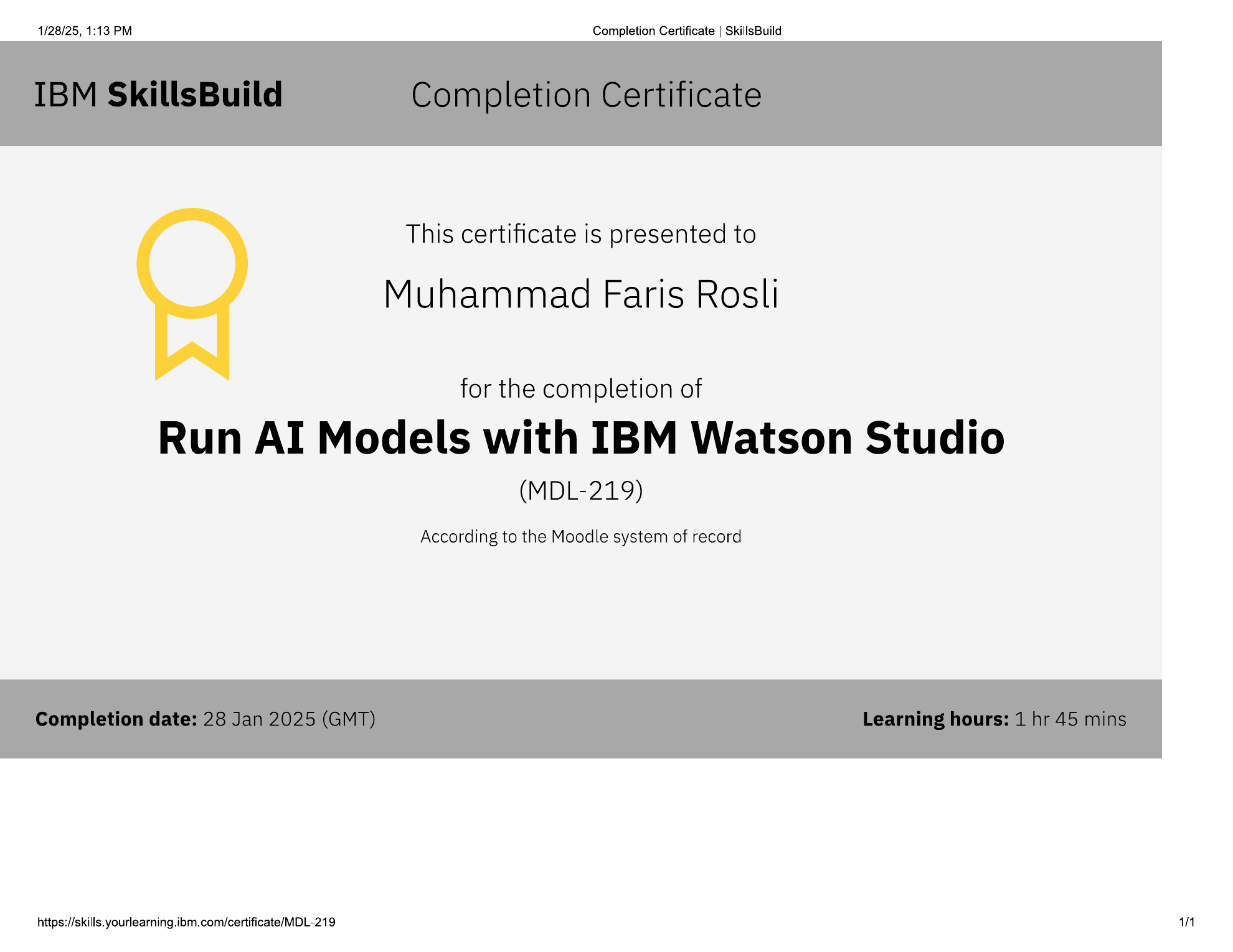 IBM SkillsBuild Watson Studio certificate