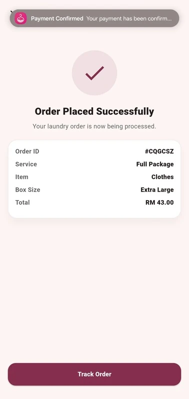 LaundrOTrack successful order confirmation screen