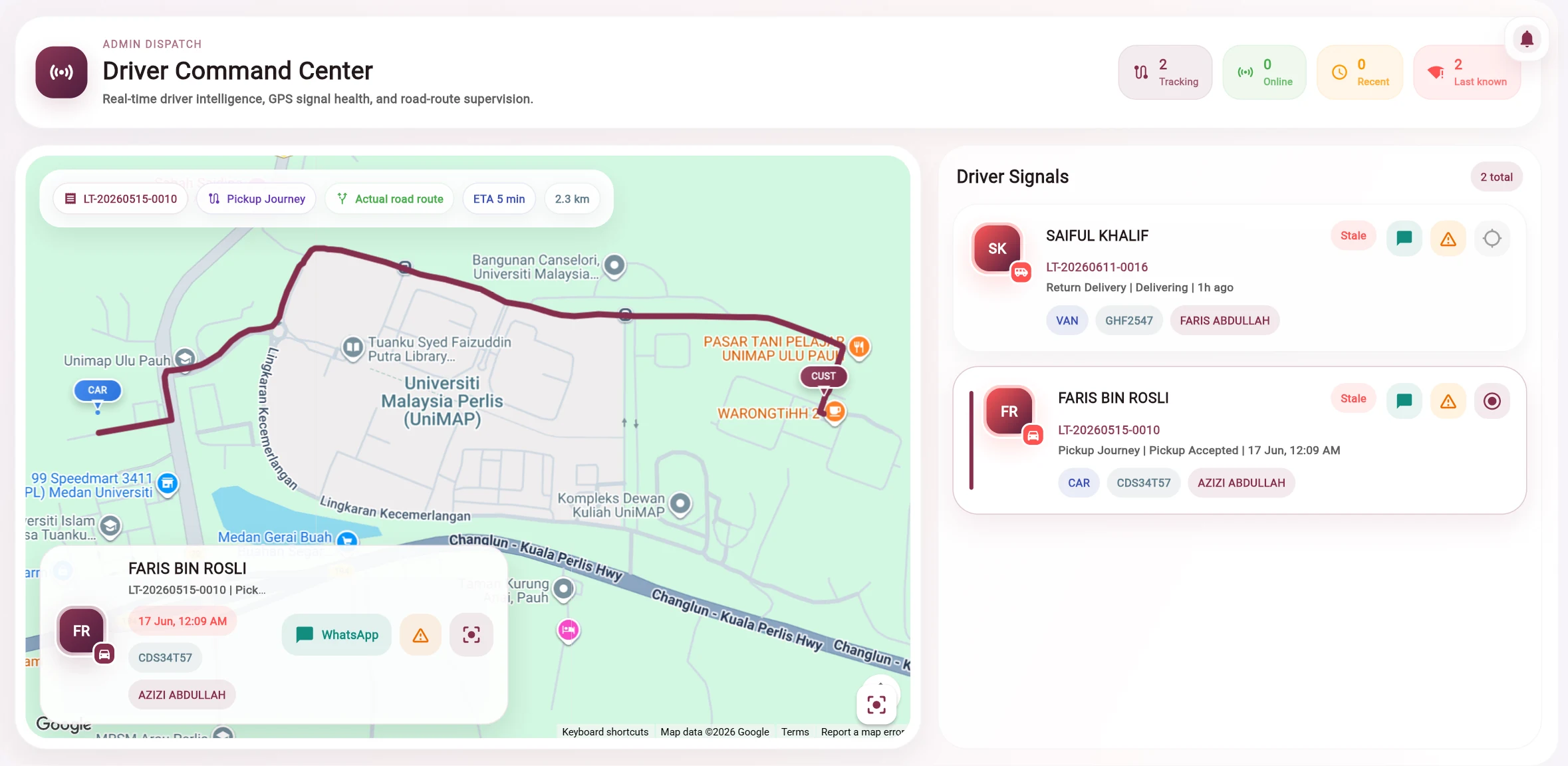 LaundrOTrack administrator live driver tracking command center